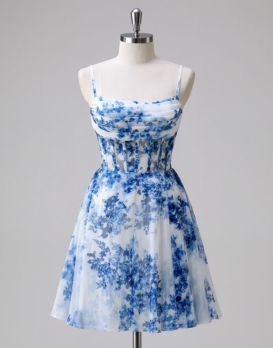 Berlinnova Women Blue Floral Short Corset Homecoming Dress Spaghetti Straps Ruched A Line Cocktail Dress