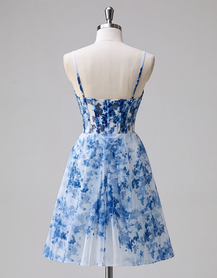 Blue Floral Spaghetti Straps Ruched A Line Short Corset Homecoming Dress