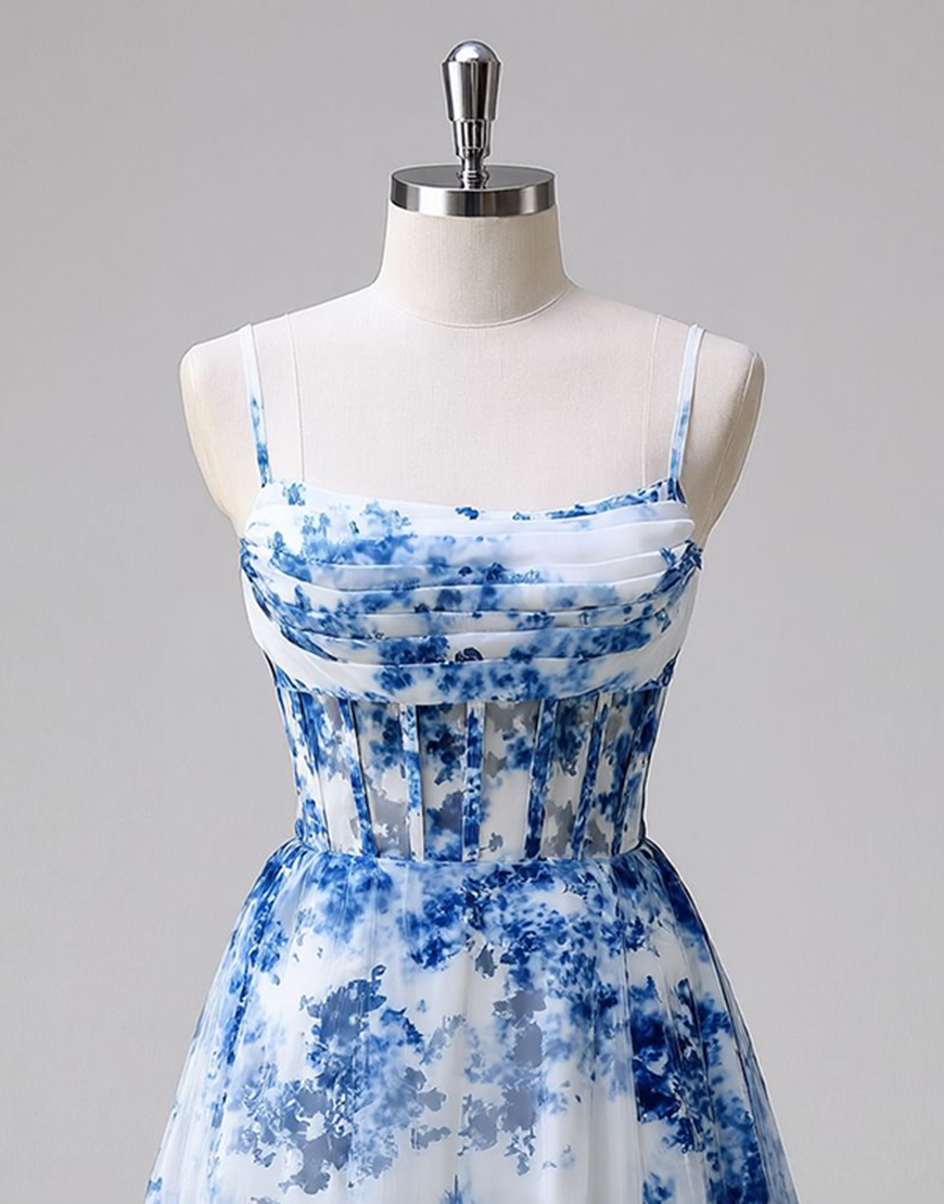Blue Floral Spaghetti Straps Ruched A Line Short Corset Homecoming Dress