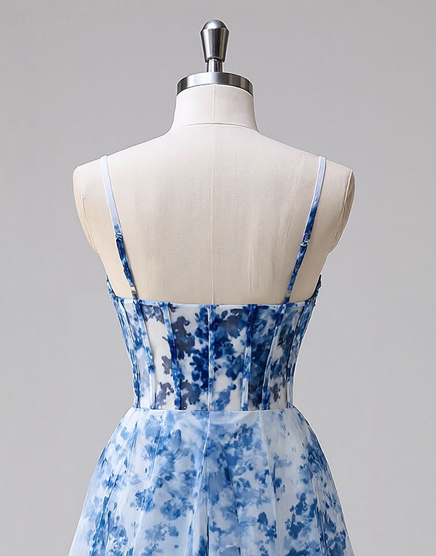 Blue Floral Spaghetti Straps Ruched A Line Short Corset Homecoming Dress