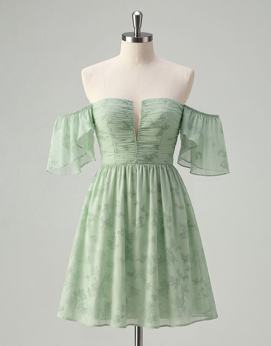 Sage Green Off the Shoulder Floral Short A-Line Homecoming Dress