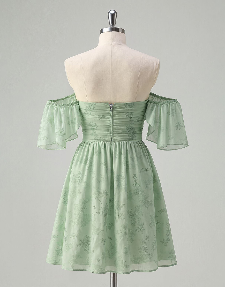 Sage Green Off the Shoulder Floral Short A-Line Homecoming Dress