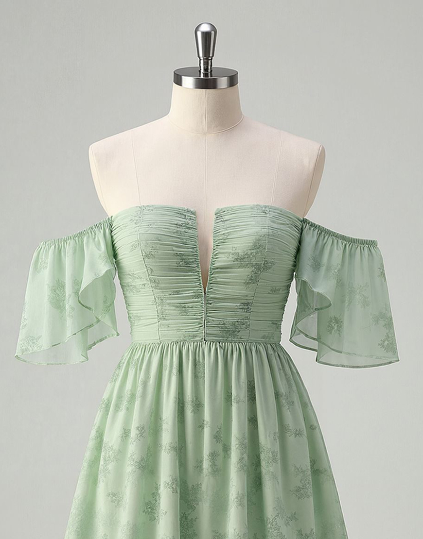 Sage Green Off the Shoulder Floral Short A-Line Homecoming Dress