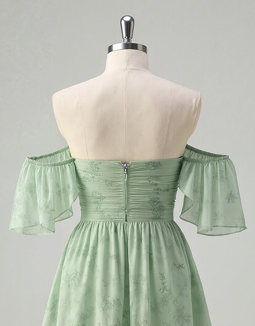 Sage Green Off the Shoulder Floral Short A-Line Homecoming Dress