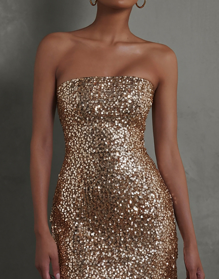 Sparkly Gold Strapless Short Sequin Tight Cocktail Dress