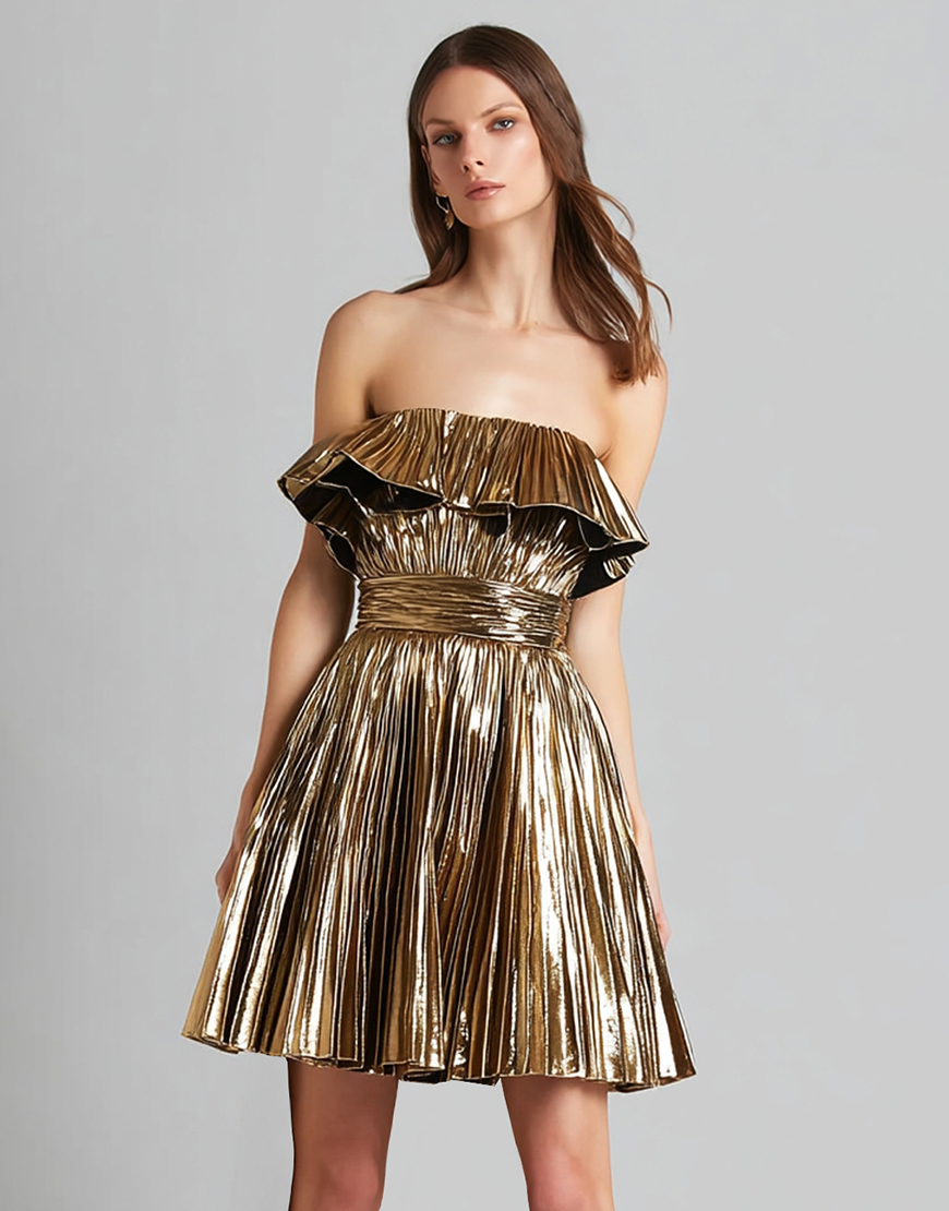 Sparkly Gold A-Line Metallic Pleated Strapless Short Cocktail Dress