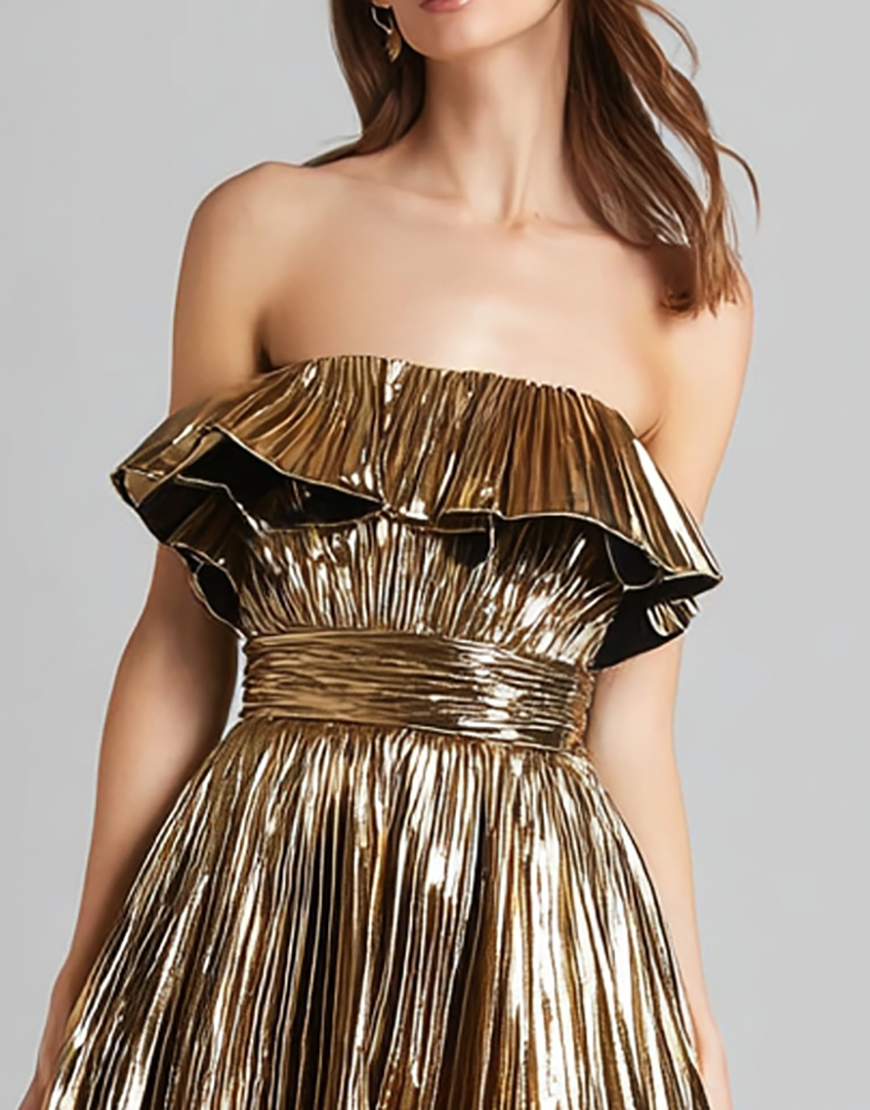Sparkly Gold A-Line Metallic Pleated Strapless Short Cocktail Dress