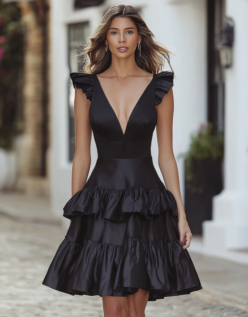 Black Deep V-Neck A-Line Satin Ruffled Short Cocktail Dress