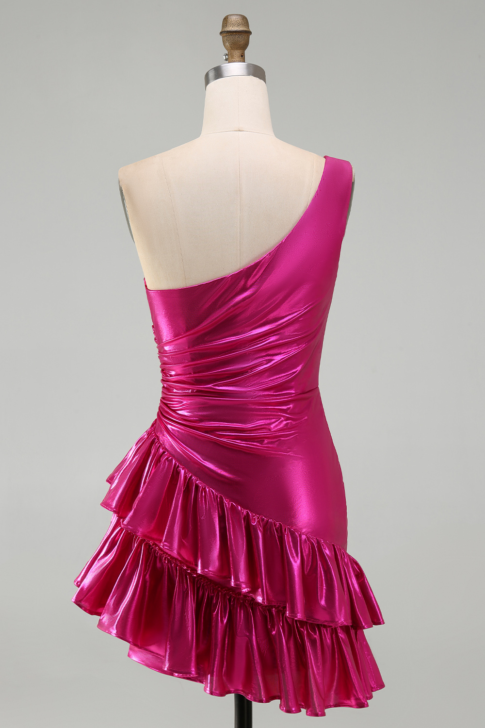 Sparkly Gold Metallic One Shoulder Tight Short Cocktail Dress with Ruffles