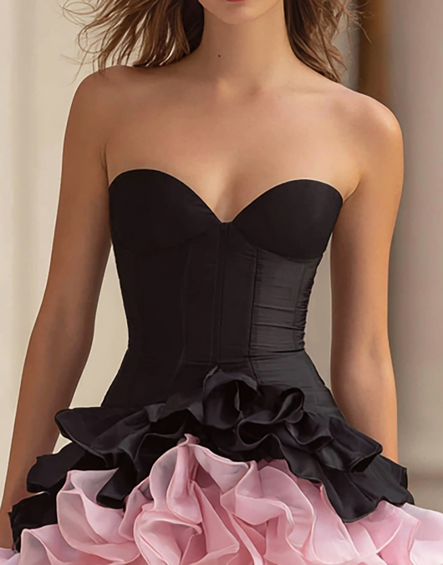 Black and Pink A-Line Sweetheart Tiered Corset Satin Short Cocktail Dress