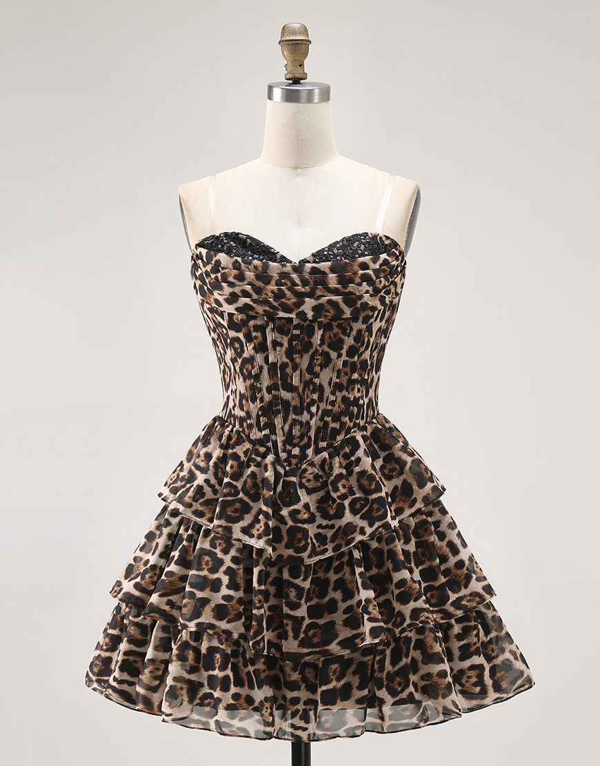 Brown Leopard Tiered Short Corset Homecoming Dress with Ruffles