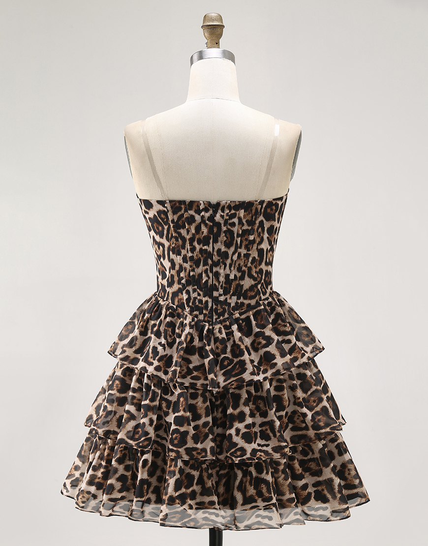 Brown Leopard Tiered Short Corset Homecoming Dress with Ruffles