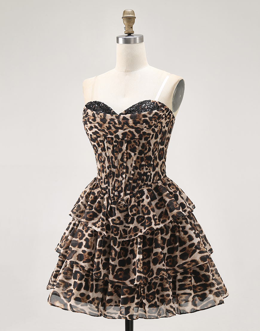 Brown Leopard A Line Short Corset Homecoming Dress with Ruffles