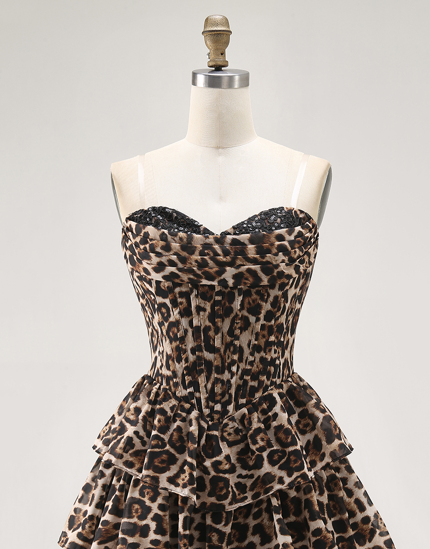 Brown Leopard A Line Short Corset Homecoming Dress with Ruffles
