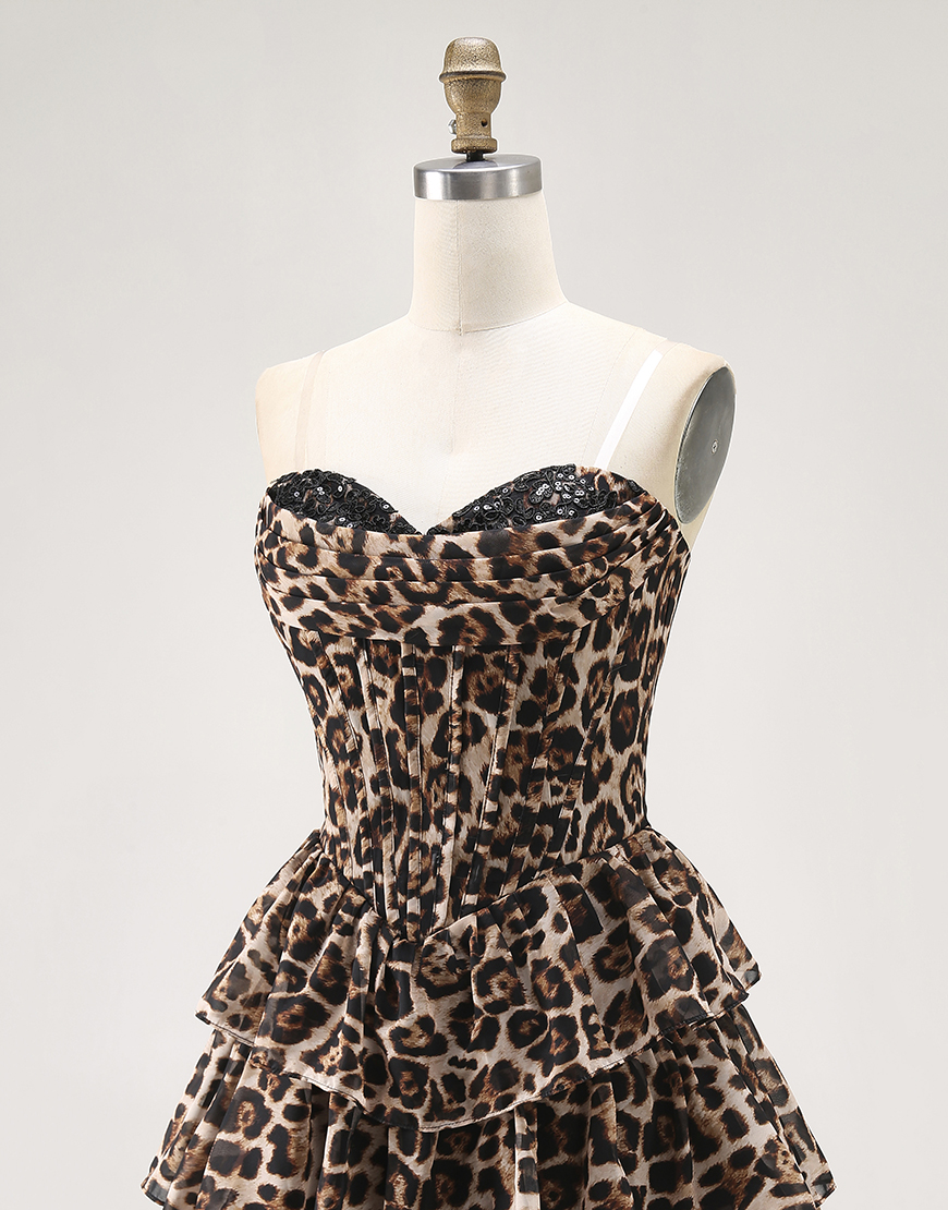 Brown Leopard A Line Short Corset Homecoming Dress with Ruffles