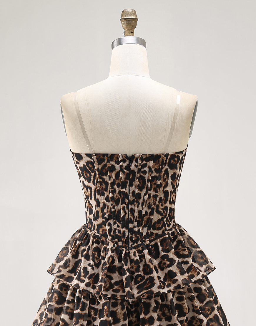 Brown Leopard A Line Short Corset Homecoming Dress with Ruffles
