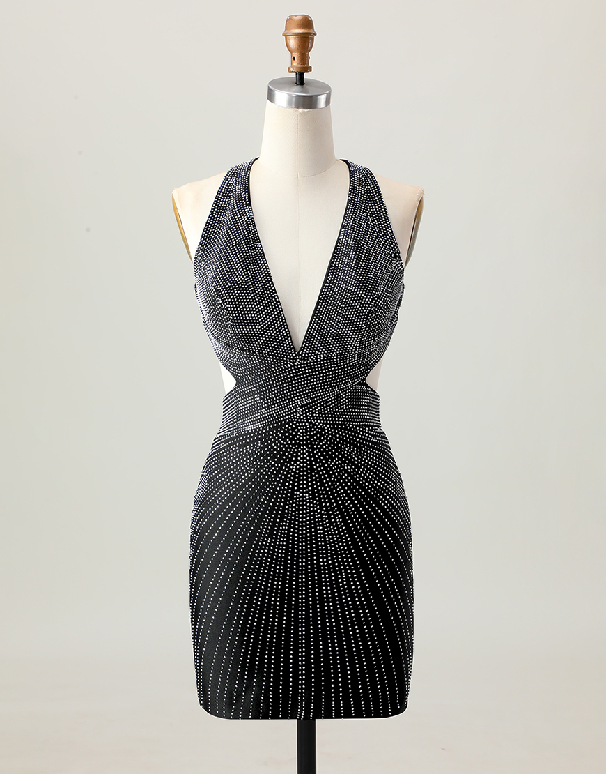 Glitter Black V-Neck Tight Short Homecoming Dress with Beading