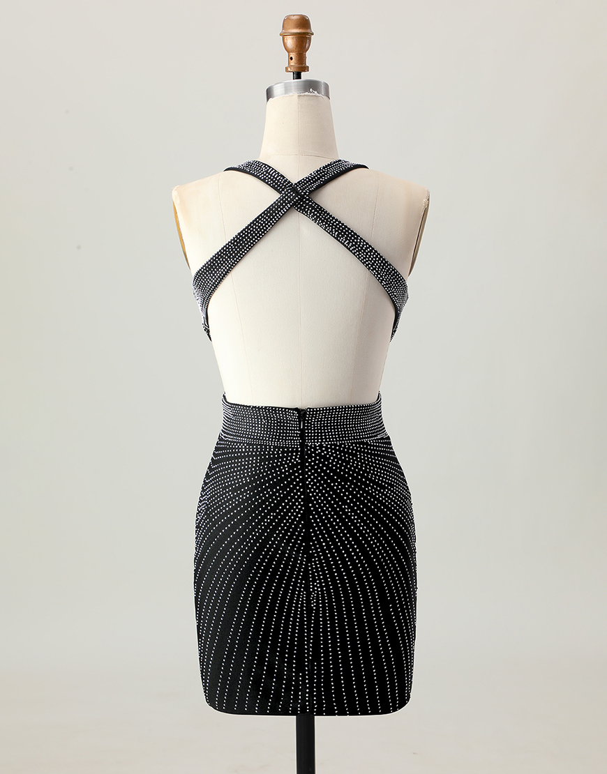 Glitter Black V-Neck Tight Short Homecoming Dress with Beading