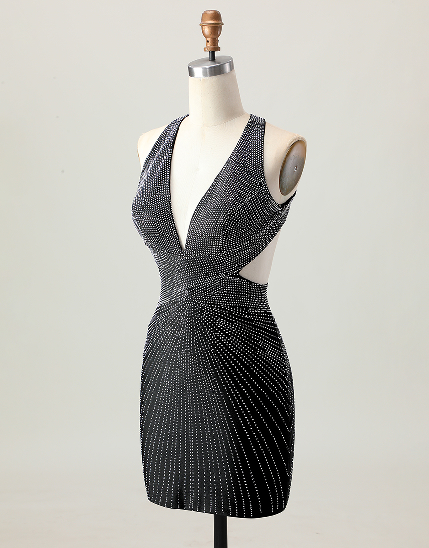Glitter Black V-Neck Tight Short Homecoming Dress with Beading