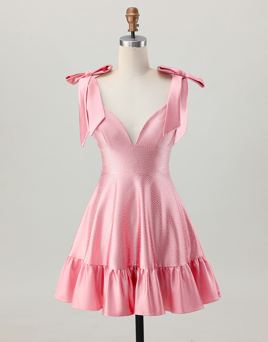 Blush Pink A Line Satin Short Homecoming Dress with Beading