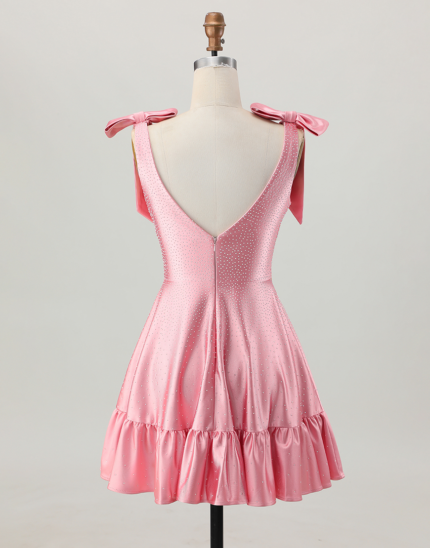 Blush Pink A Line Satin Short Homecoming Dress with Beading
