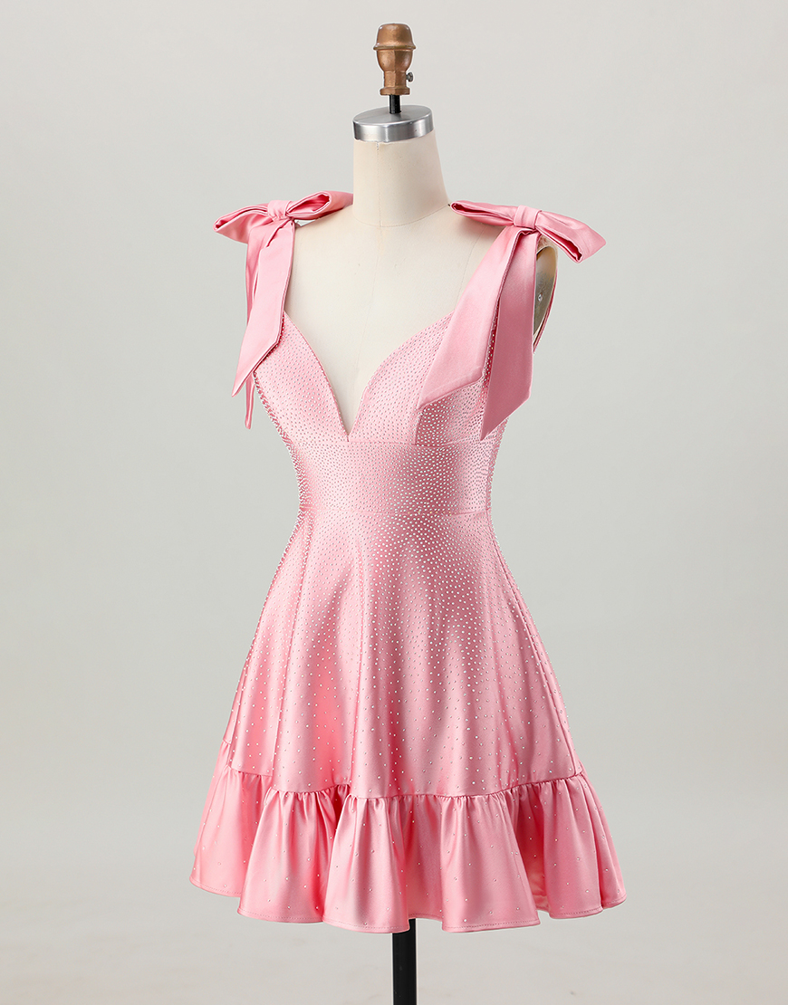 Blush Pink A Line Satin Short Homecoming Dress with Beading