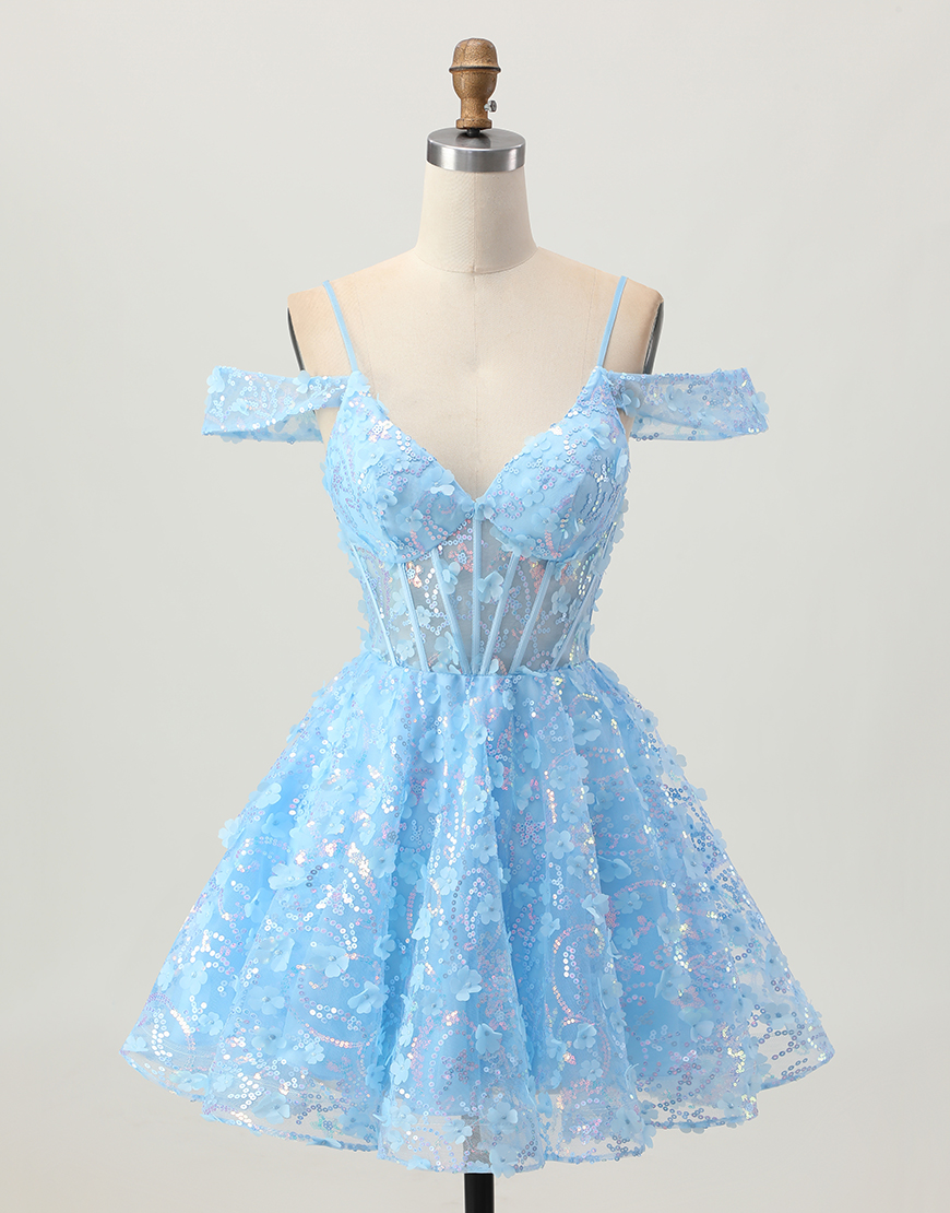 Sparkly Blue Corset A Line Short Floral Homecoming Dress with Sequins