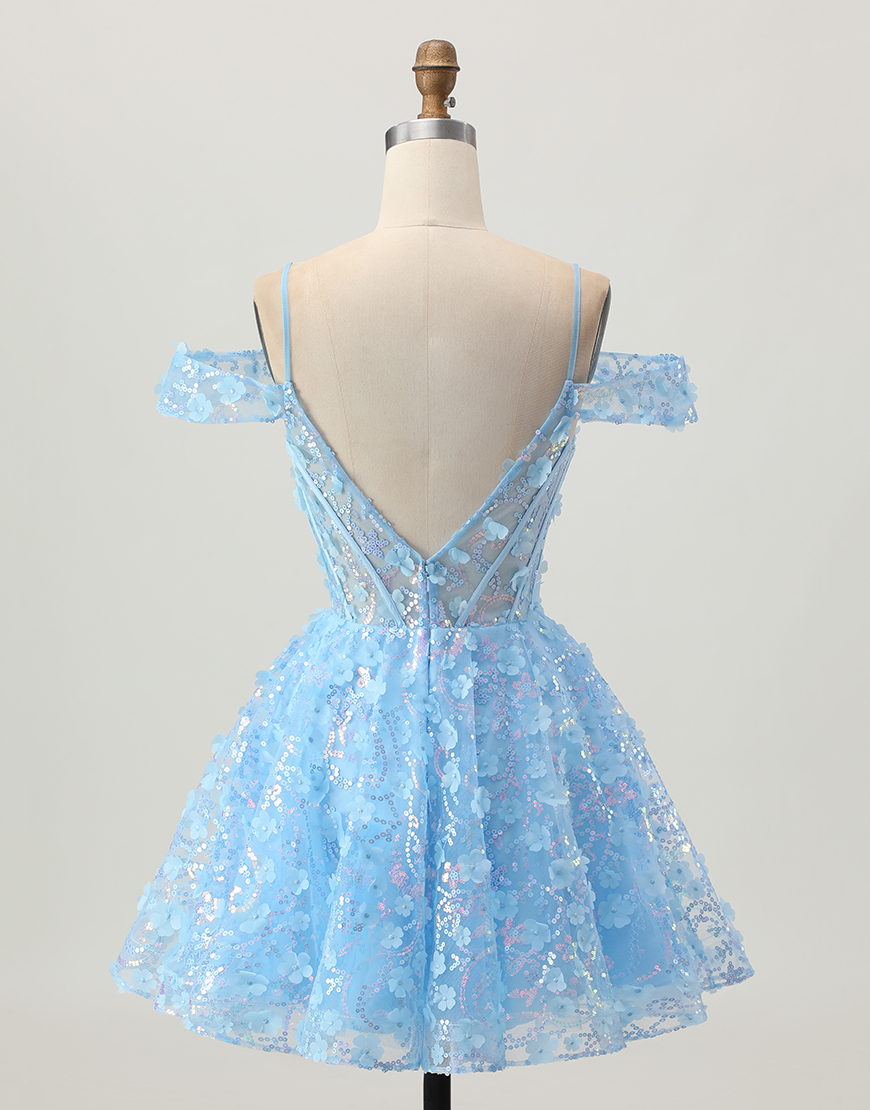 Sparkly Blue Corset A Line Short Floral Homecoming Dress with Sequins