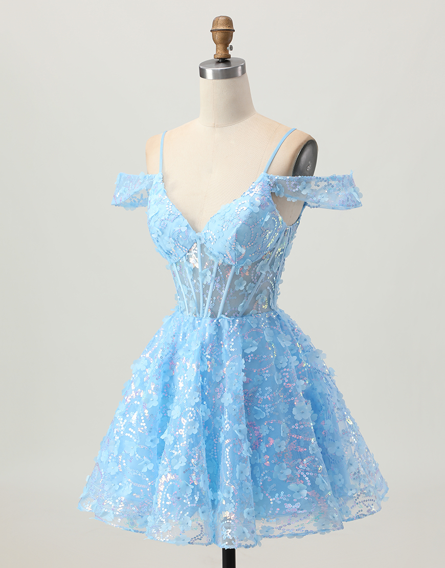 Sparkly Blue Corset A Line Short Floral Homecoming Dress with Sequins