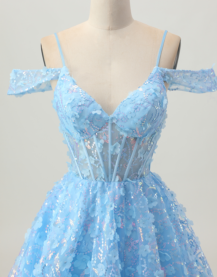 Sparkly Blue Corset A Line Short Floral Homecoming Dress with Sequins