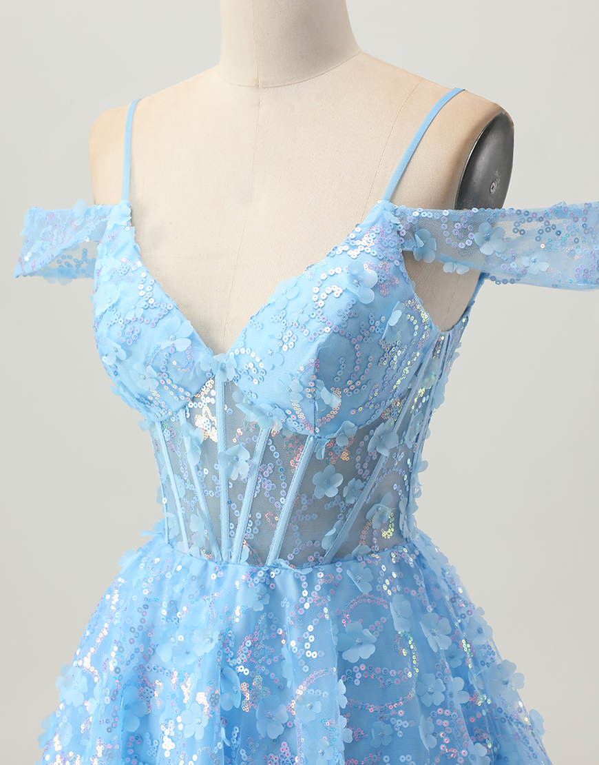 Sparkly Blue Corset A Line Short Floral Homecoming Dress with Sequins