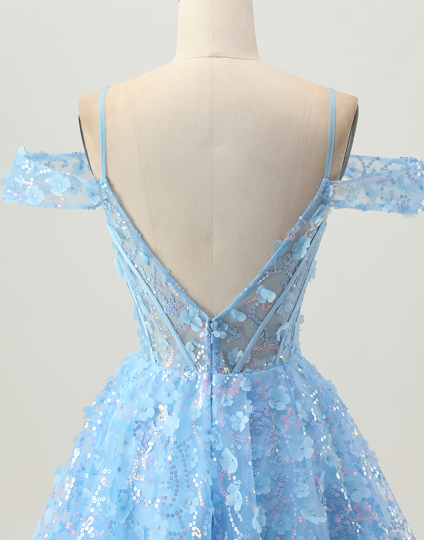Sparkly Blue Corset A Line Short Floral Homecoming Dress with Sequins