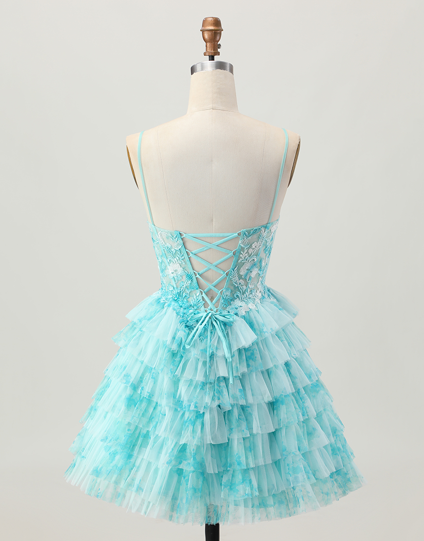 Blue Green Tiered Ruffled A Line Short Corset Homecoming Dress with Appliques