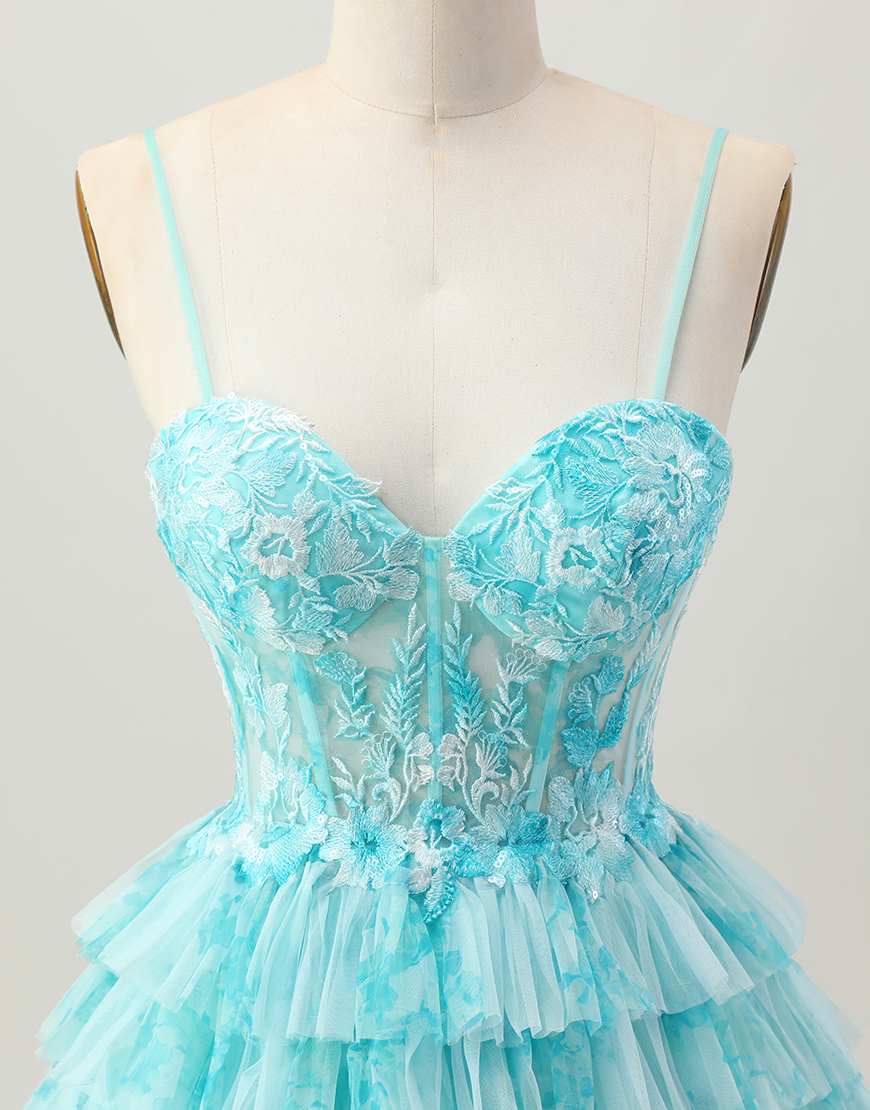 Blue Green Tiered Ruffled A Line Short Corset Homecoming Dress with Appliques