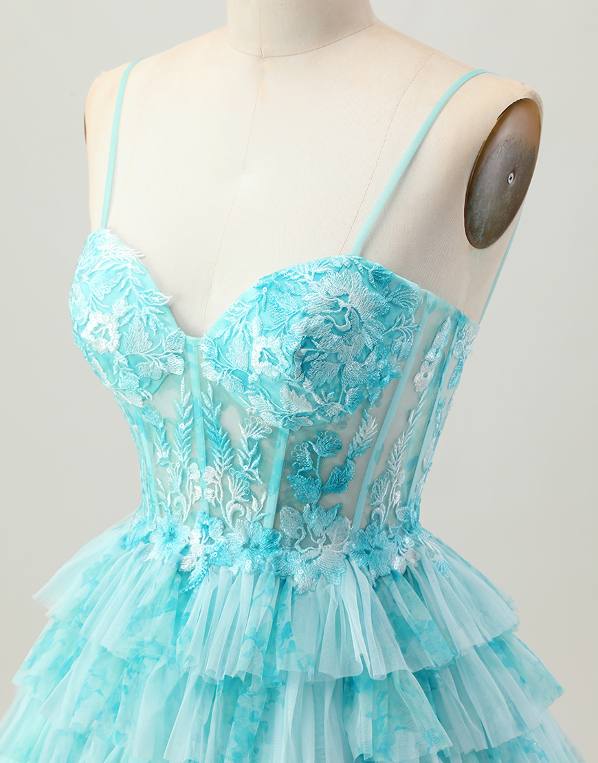 Blue Green Tiered Ruffled A Line Short Corset Homecoming Dress with Appliques