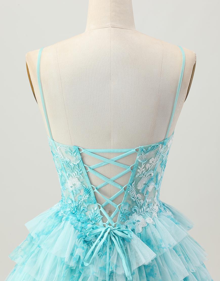 Blue Green Tiered Ruffled A Line Short Corset Homecoming Dress with Appliques