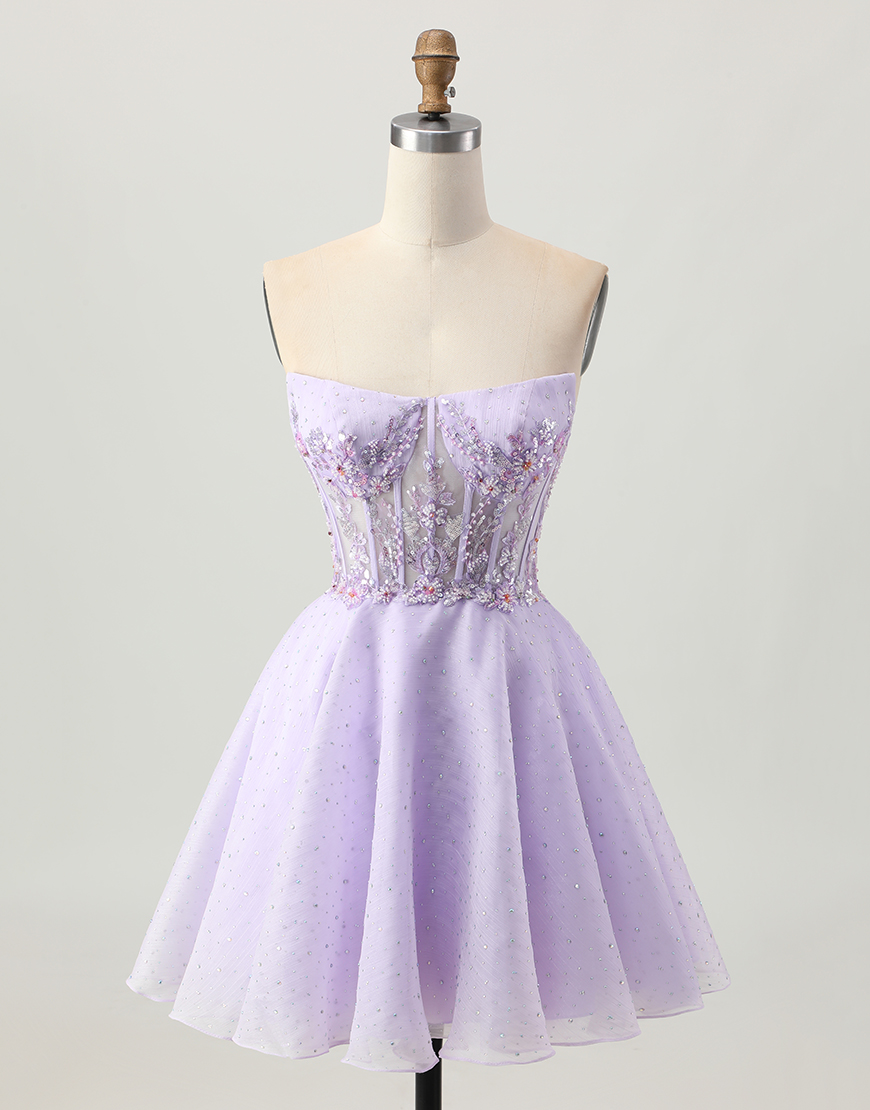 Sparkly Lilac Short Strapless Corset Homecoming Dress with Beading