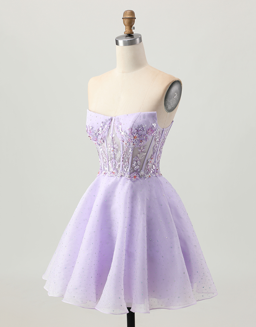 Sparkly Lilac Short Strapless Corset Homecoming Dress with Beading