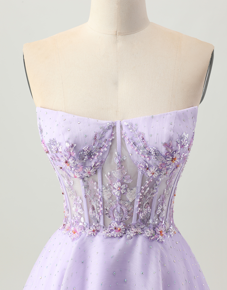 Sparkly Lilac Short Strapless Corset Homecoming Dress with Beading