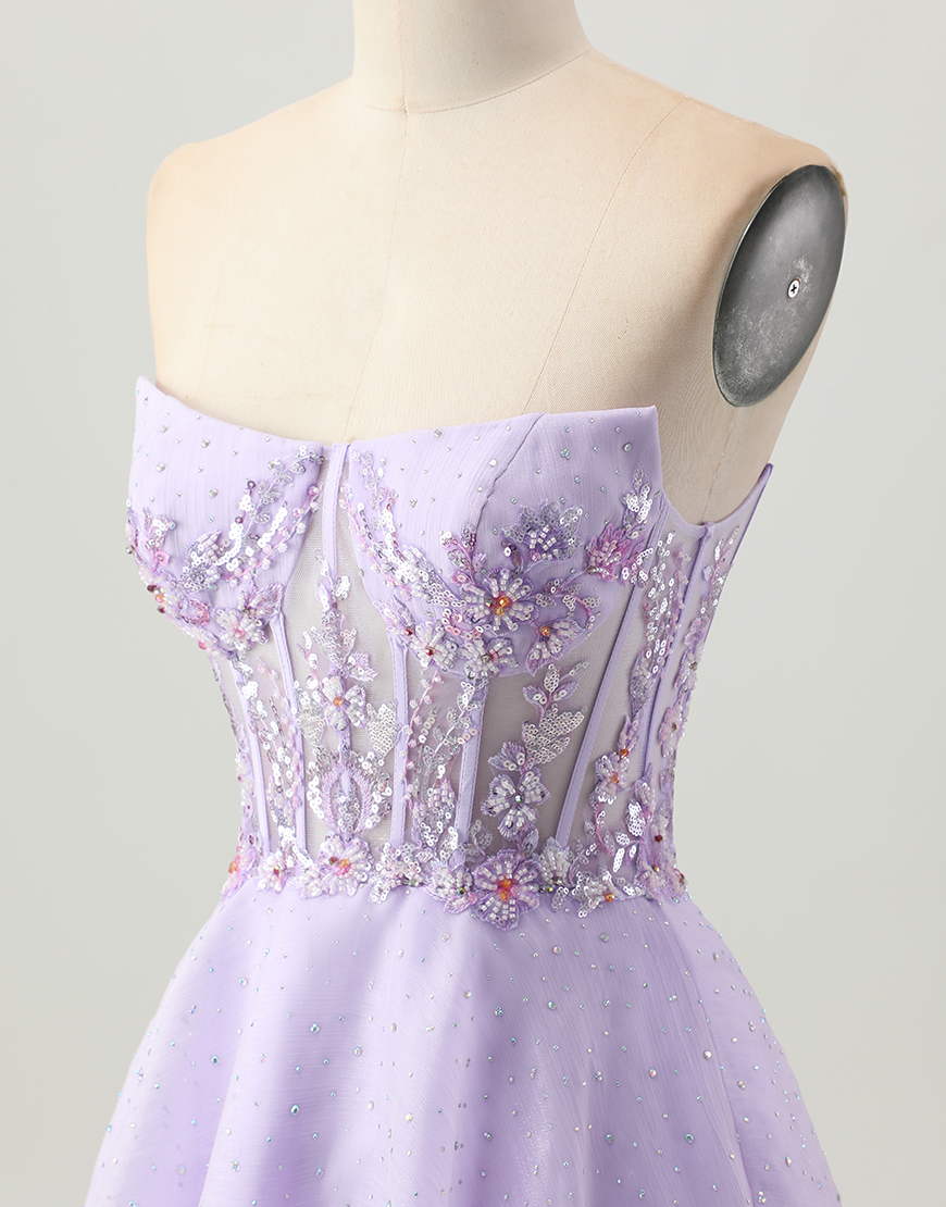 Sparkly Lilac Short Strapless Corset Homecoming Dress with Beading