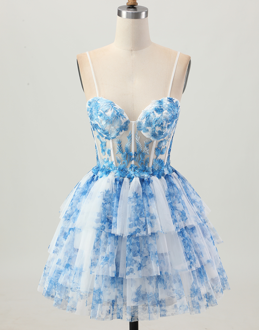 White Blue Floral A Line Short Corset Tiered Homecoming Dress