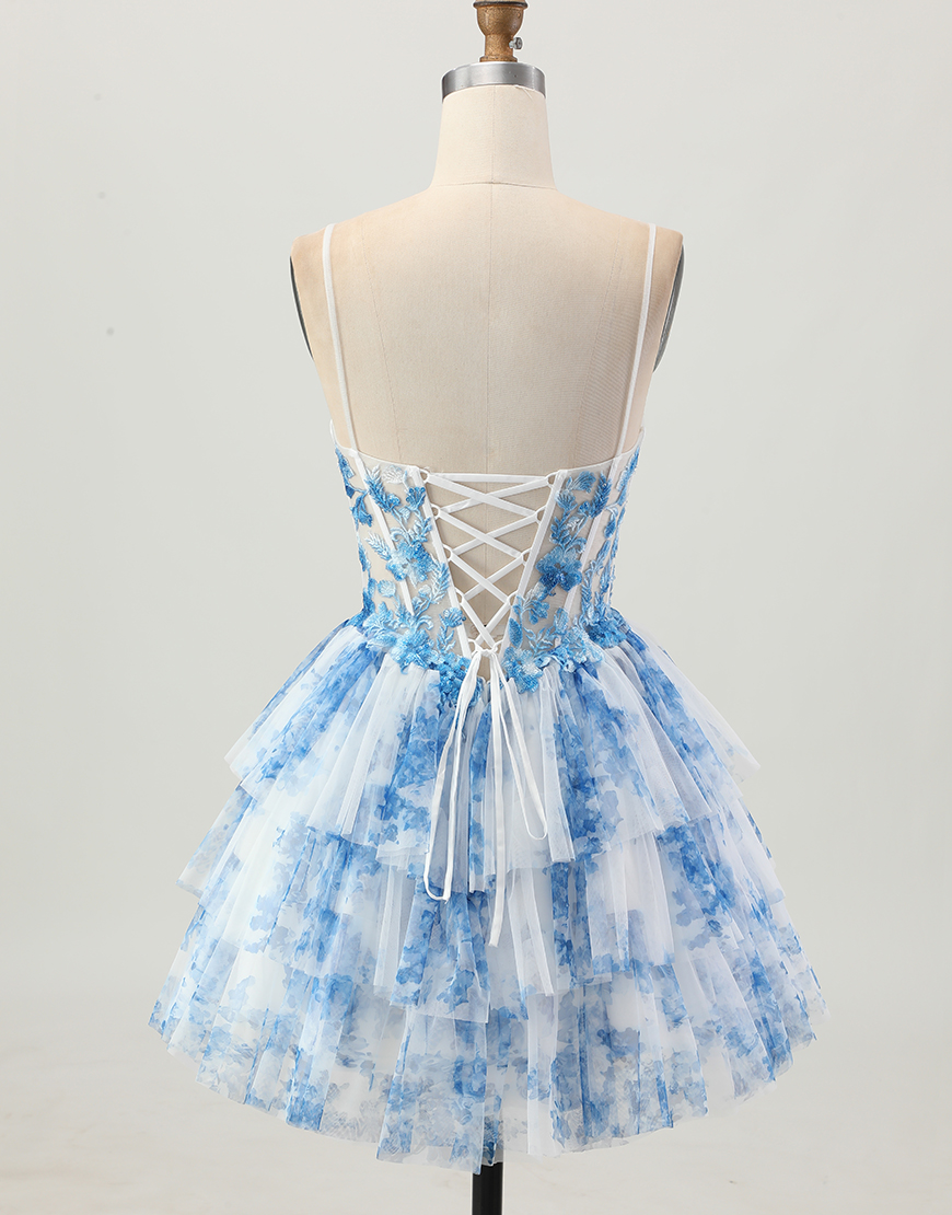 White Blue Floral A Line Short Corset Tiered Homecoming Dress