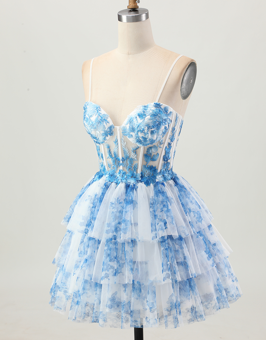 White Blue Floral A Line Short Corset Tiered Homecoming Dress