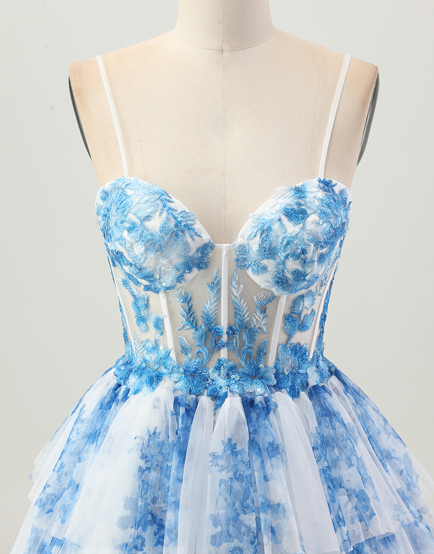 White Blue Floral A Line Short Corset Tiered Homecoming Dress