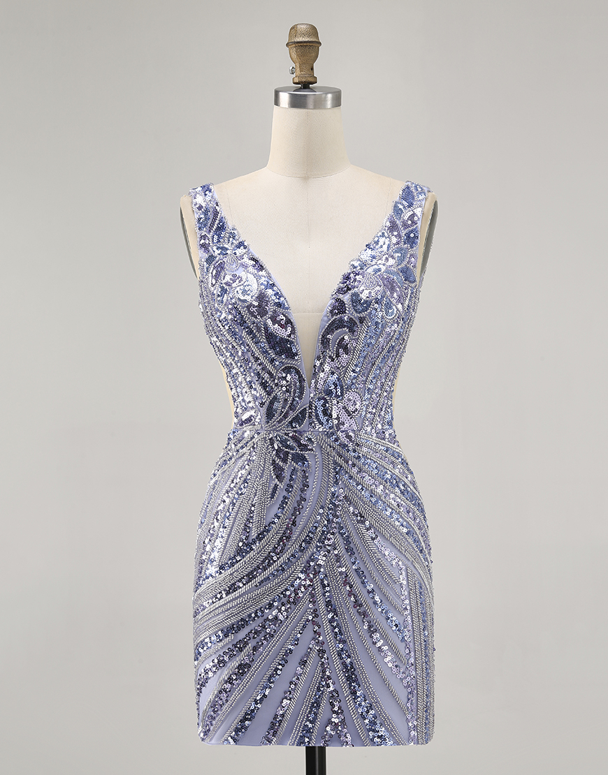 Sparkly Lilac V-Neck Sequin Tight Short Beaded Homecoming Dress