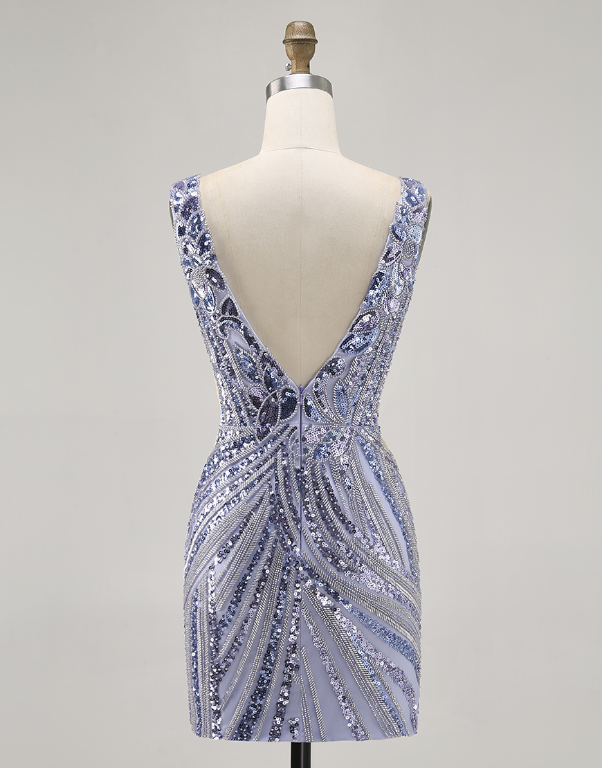 Sparkly Lilac V-Neck Sequin Tight Short Beaded Homecoming Dress
