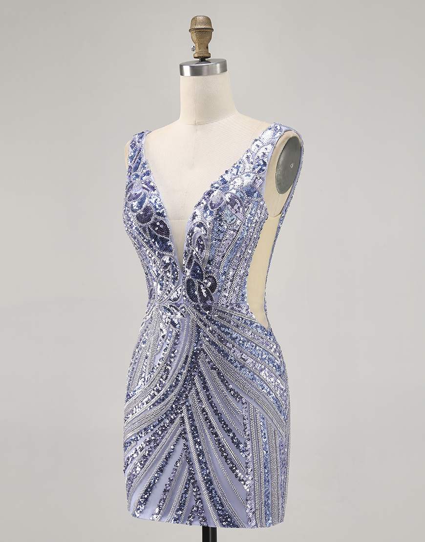 Sparkly Lilac V-Neck Sequin Tight Short Beaded Homecoming Dress