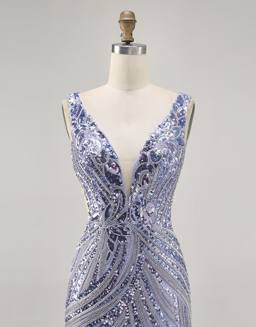 Sparkly Lilac V-Neck Sequin Tight Short Beaded Homecoming Dress