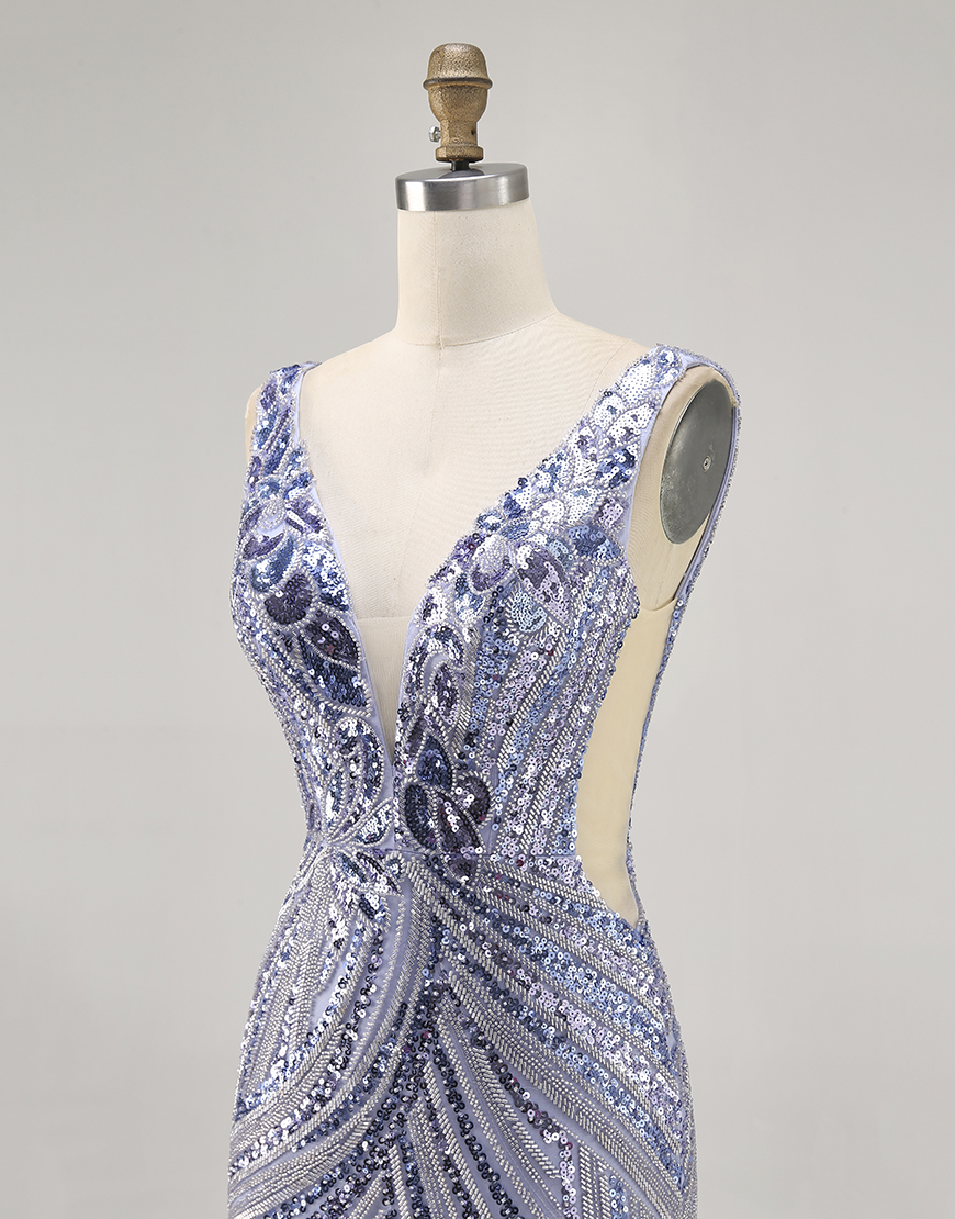 Sparkly Lilac V-Neck Sequin Tight Short Beaded Homecoming Dress