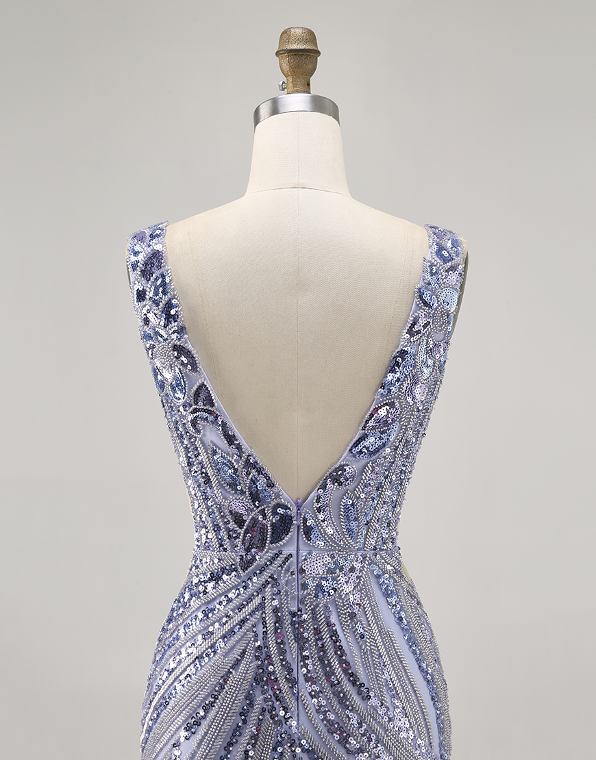 Sparkly Lilac V-Neck Sequin Tight Short Beaded Homecoming Dress